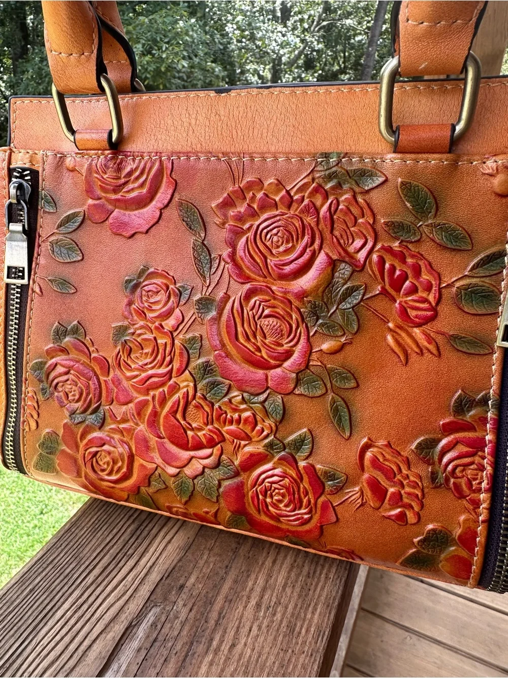 Women's Orangey brown Floral Embossed Leather Satchel